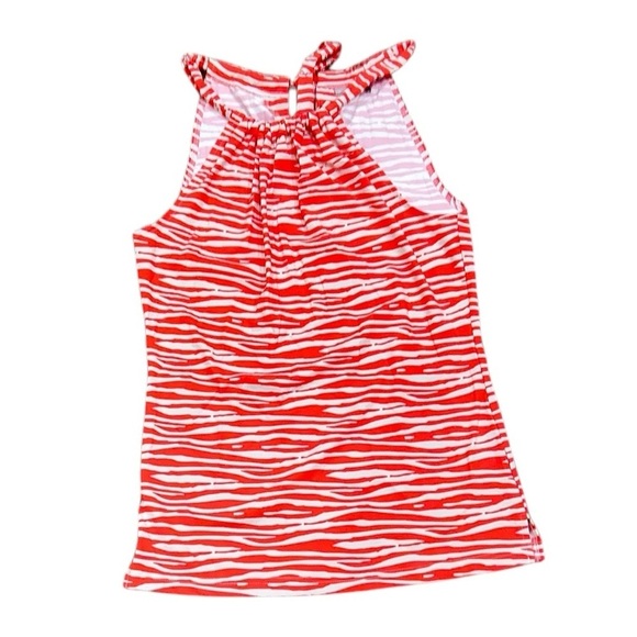 Ellie Kai coral & cream wavy print halter sleeveless stretchy top back tie 2 - Picture 3 of 9